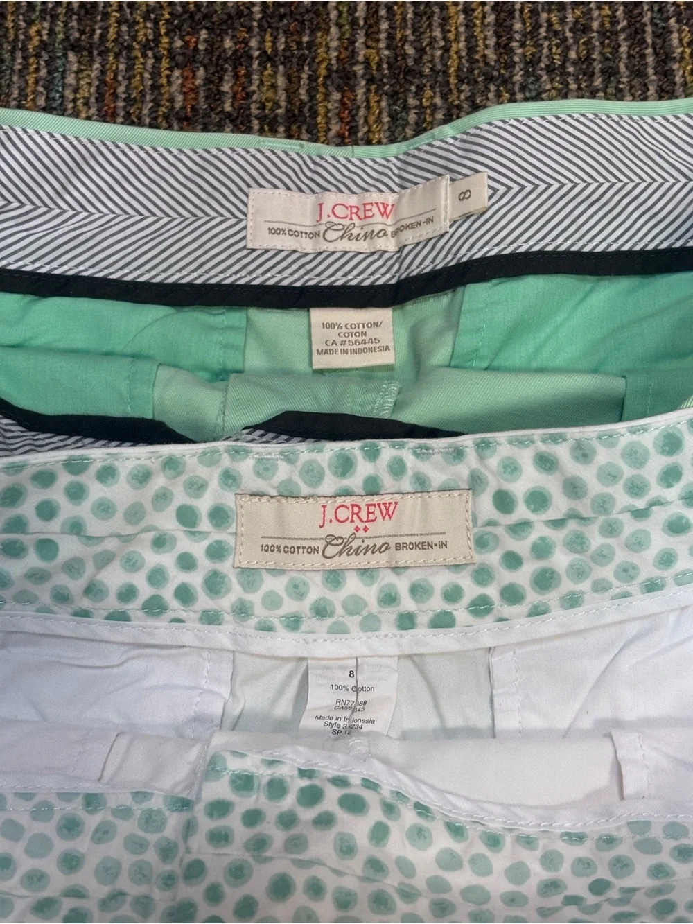2x J. Crew W’s Sz 8 Broken In Chino Shorts in White and Mint Green